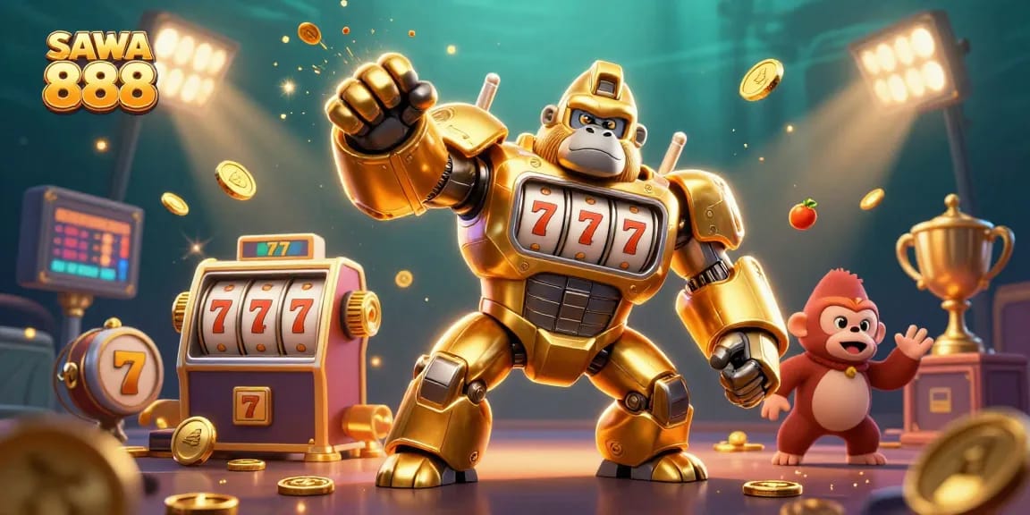 Play exciting slots and games with SAWA 888’s thrilling golden gorilla mech and casino elements.