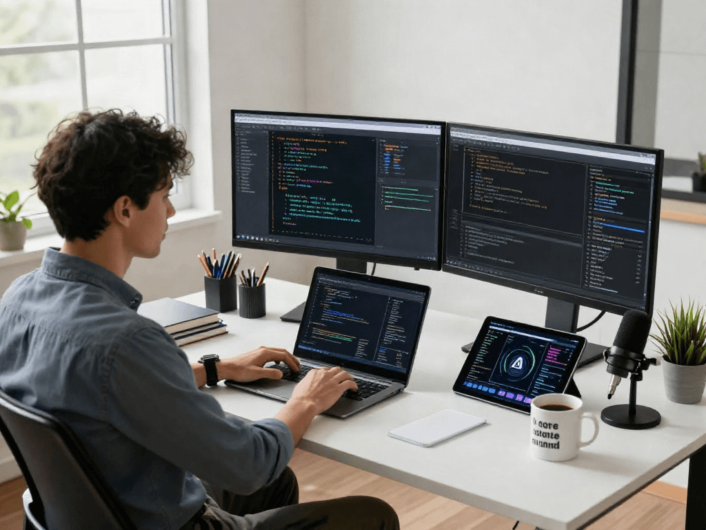 Data scientist analyzing spicy ai trends in a modern workspace with dual monitors and a laptop.