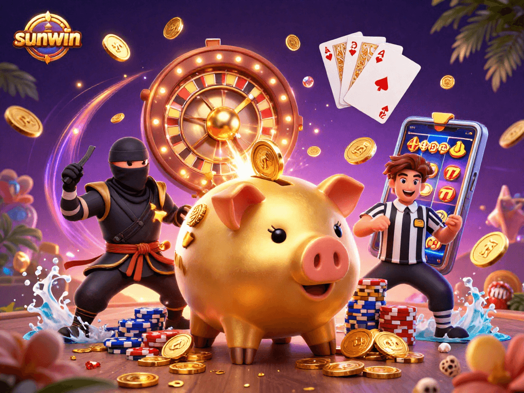 Experience sunwin's dynamic slots with a golden piggy bank sumo wrestler surrounded by glittering casino elements.