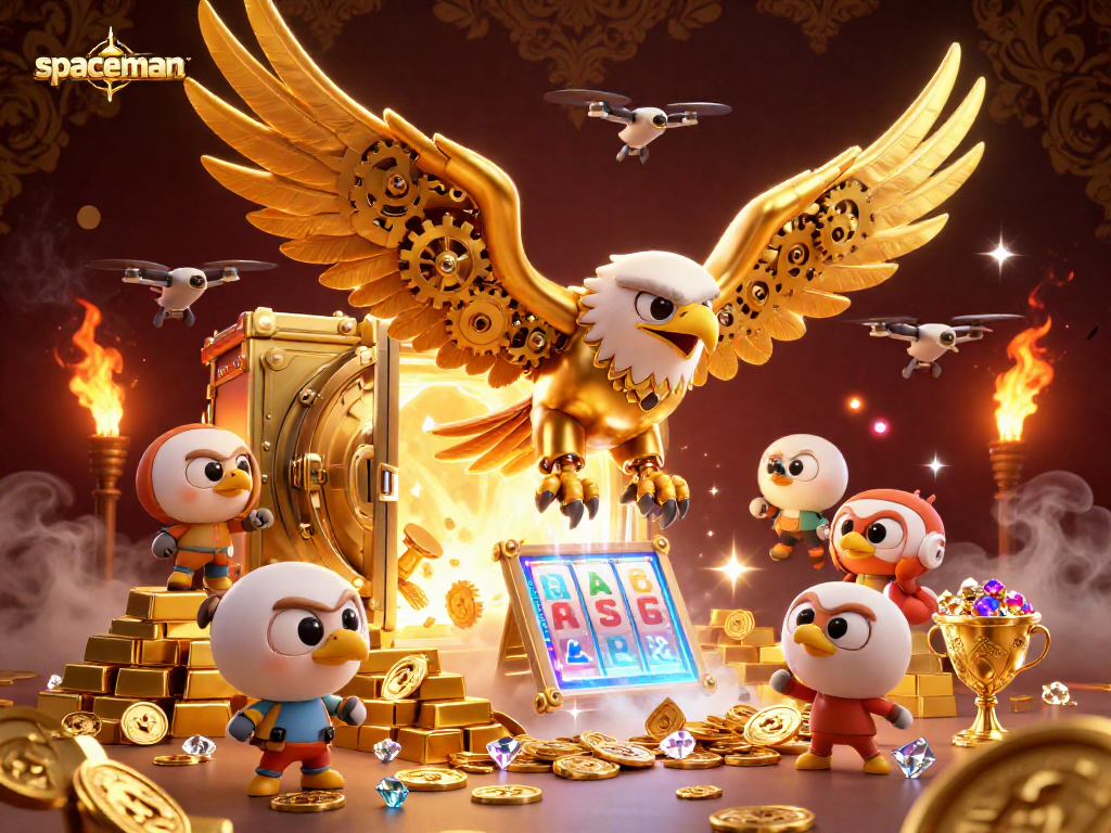 Engage with the spaceman in a vibrant casino scene filled with dynamic slot reels and overflowing treasures.