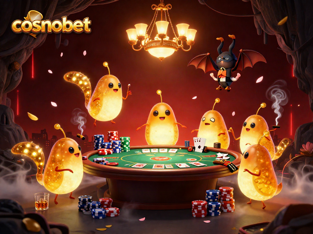 Experience cosmobet's vibrant casino scene with dynamic glowworms, poker elements, and a bat dealer in action.