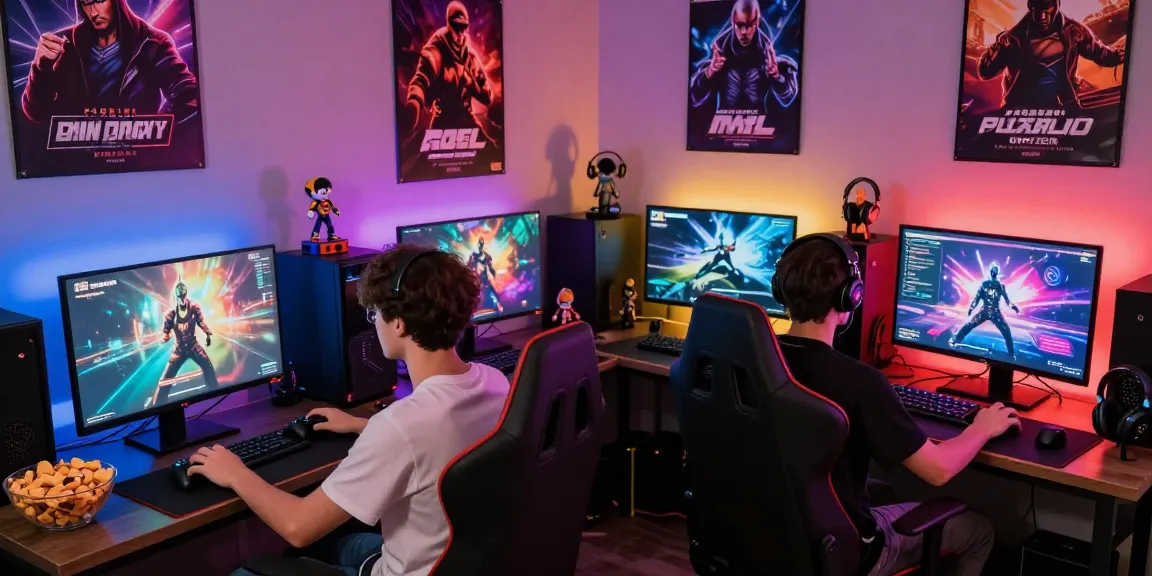 Two gamers enjoying real porn games in a colorful gaming lounge filled with tech and excitement.