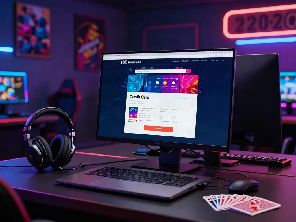 Engaging setup of credit card casino sites on a computer in a gaming room with vibrant lighting.