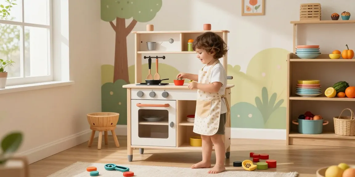 Young child joyfully playing with a wooden kitchen set, surrounded by colourful props in a bright playroom.
