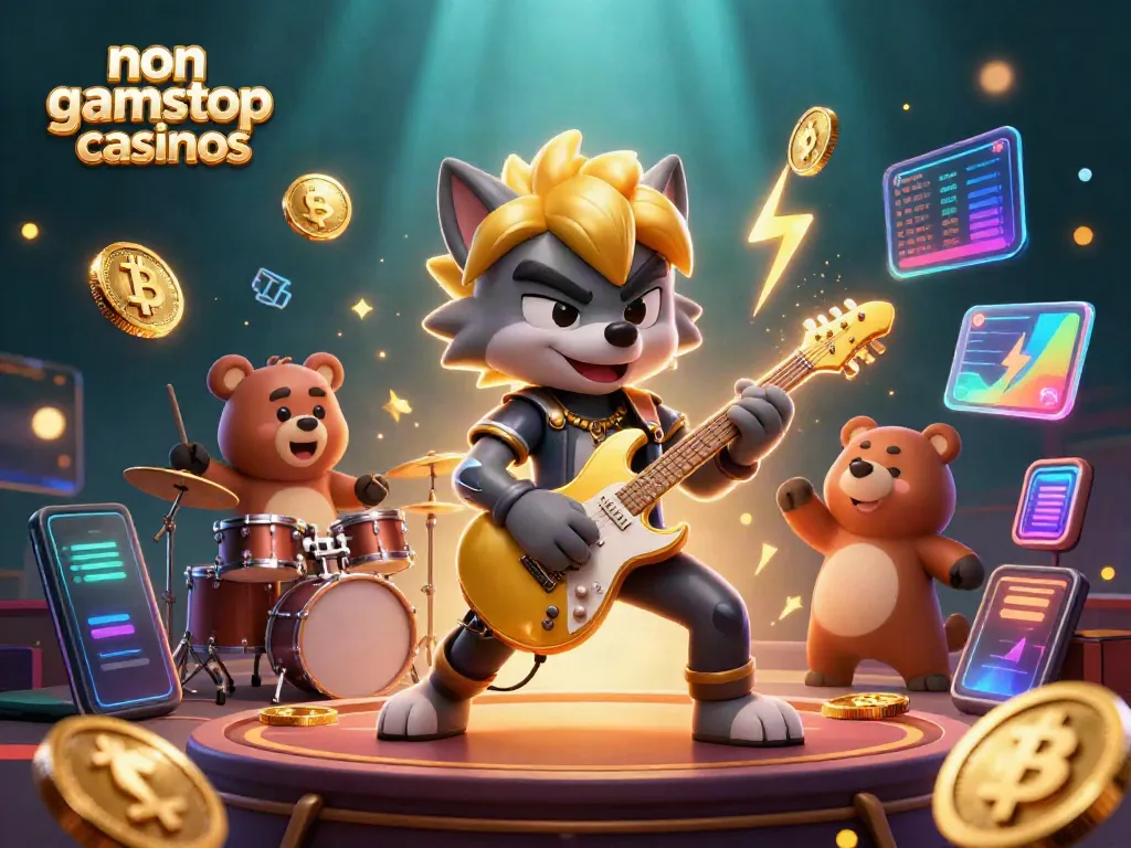 Rock star wolf performing at non gamstop casinos stage with vibrant casino elements