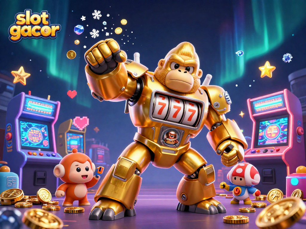 Engage in slot gacor excitement with a dynamic golden gorilla mech surrounded by game elements.