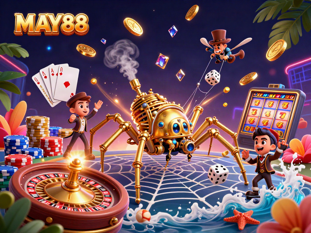 Engage in thrilling gameplay at MAY88, featuring a steampunk spider amidst dazzling casino elements.
