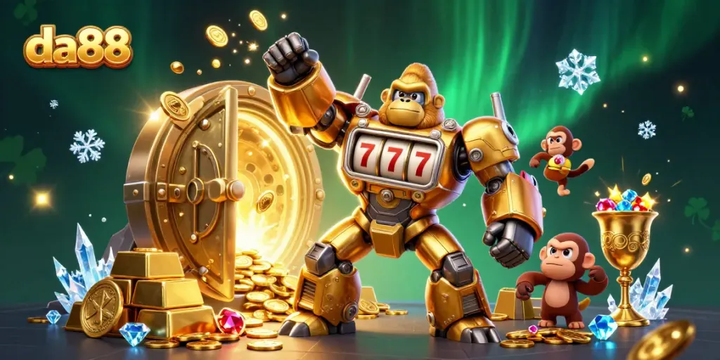 Experience thrilling wins with da88 in a vibrant casino scene featuring a mech gorilla and treasures.