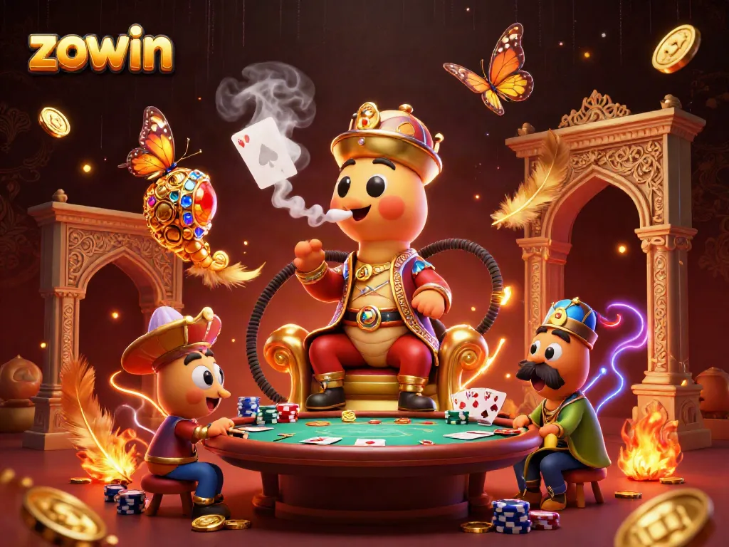 Engage in winning strategies with Zowin in this vibrant casino illustration featuring poker symbols.
