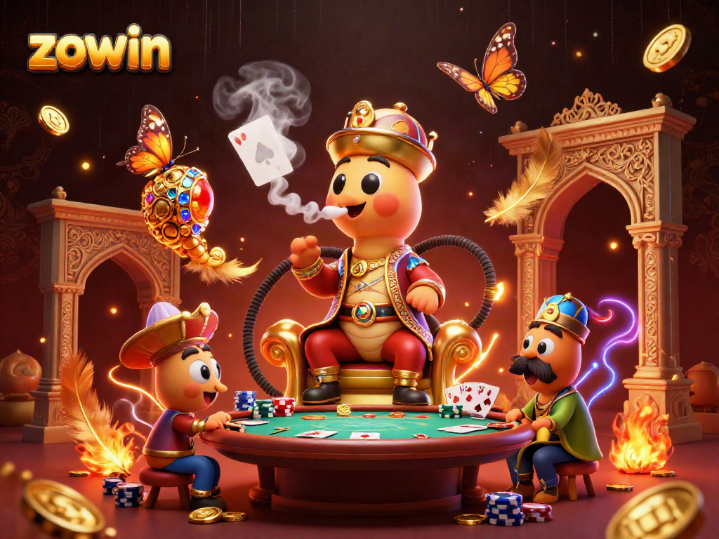Engage in winning strategies with Zowin in this vibrant casino illustration featuring poker symbols.