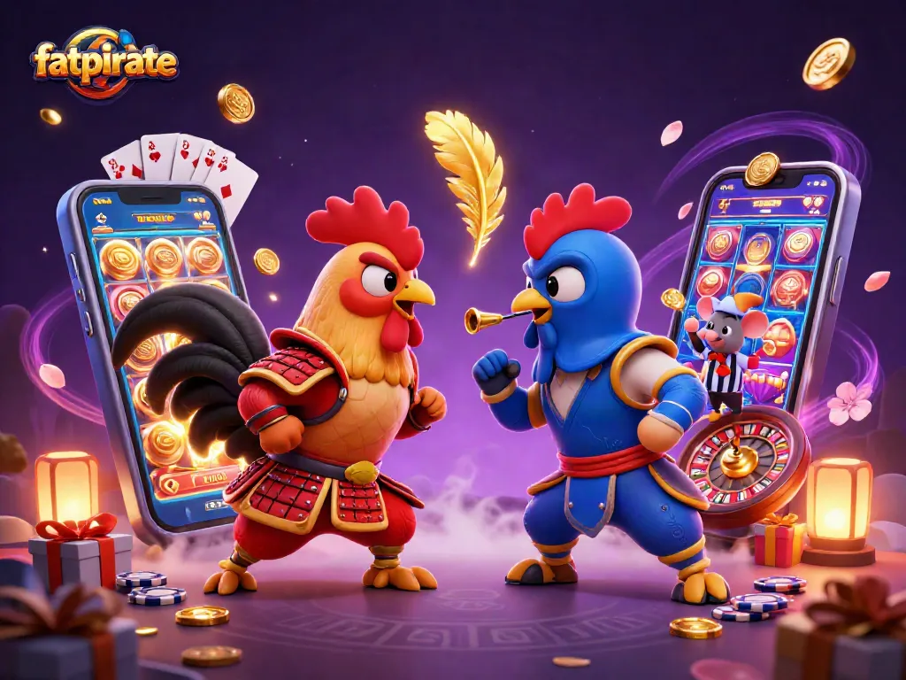 Engage in thrilling rank play with fatpirate and dual roosters in an electrifying standoff amidst casino games.