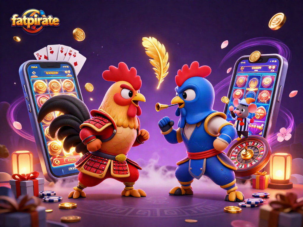 Engage in thrilling rank play with fatpirate and dual roosters in an electrifying standoff amidst casino games.