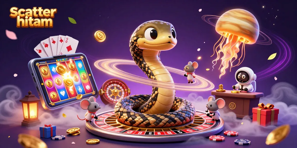 Spin the scatter hitam with a vibrant cosmic casino scene featuring charming characters and exciting game elements.