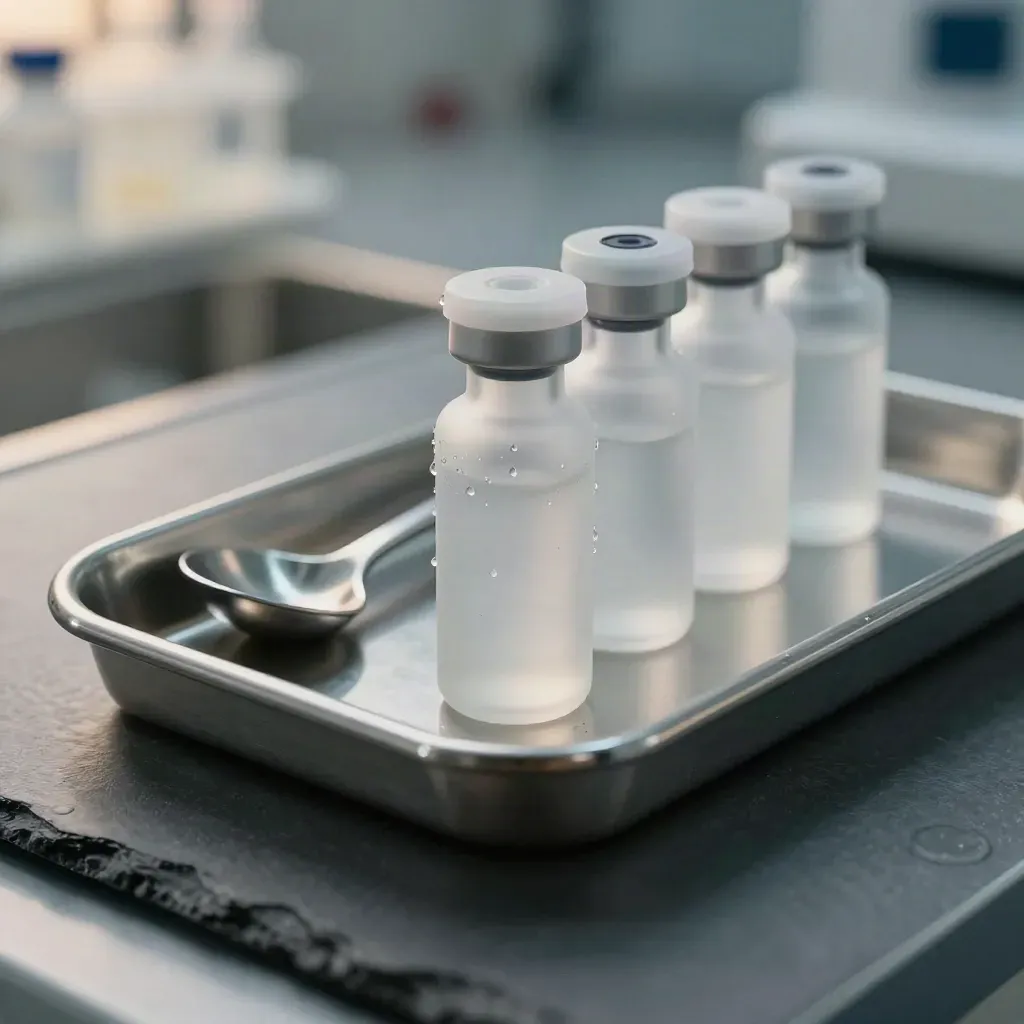 Macro still life of frosted lab vials, a stainless scoop, and an aluminium tray on a graphite bench.