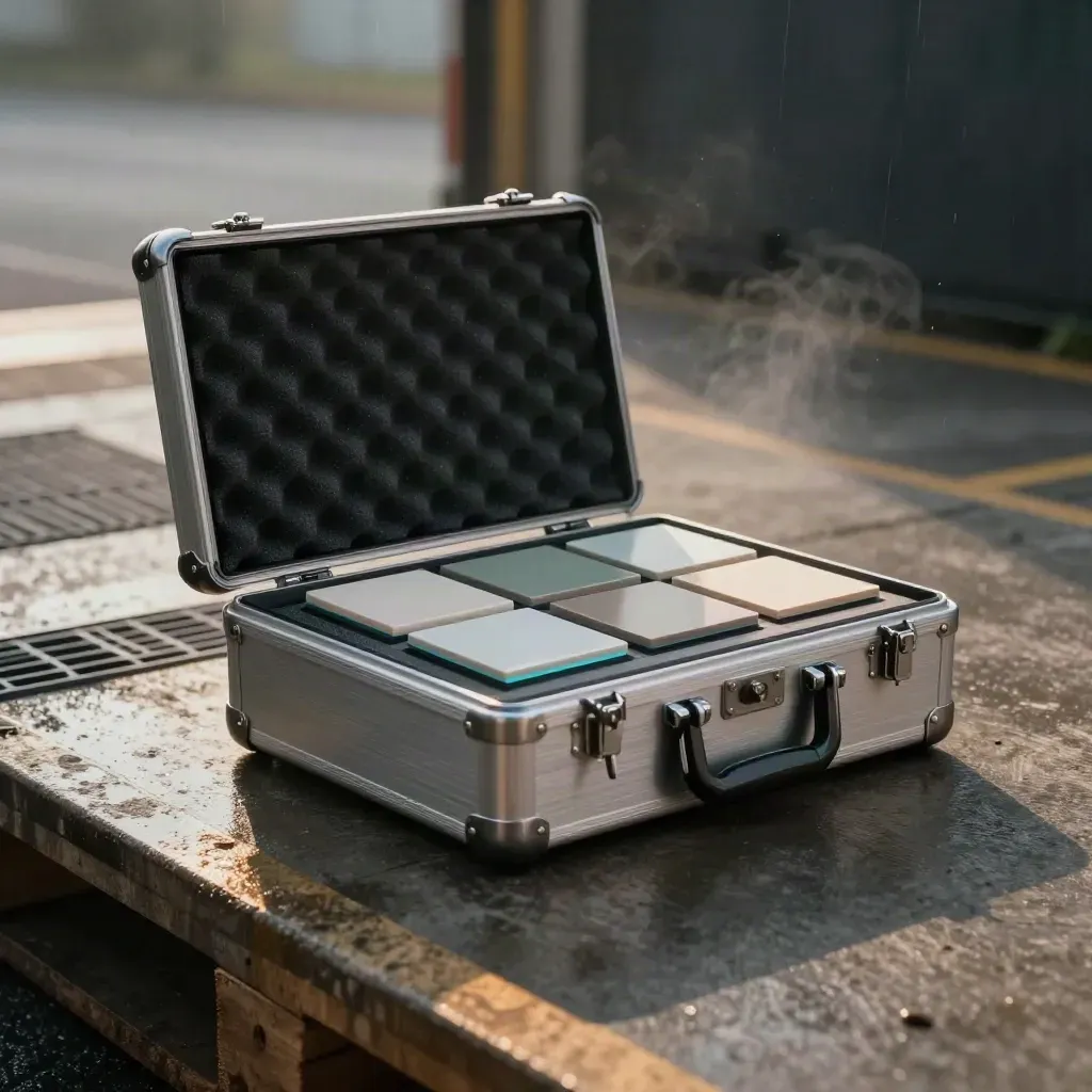 Brushed-steel inspection case with calibration block and ceramic tiles in misty loading-bay light.