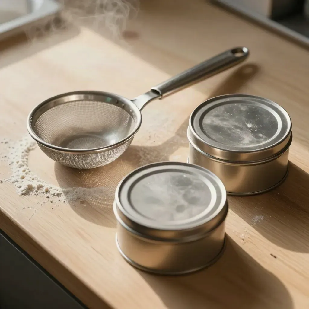 Steel scoop, sieve disc and sealed sample tins on pale wood with flour haze