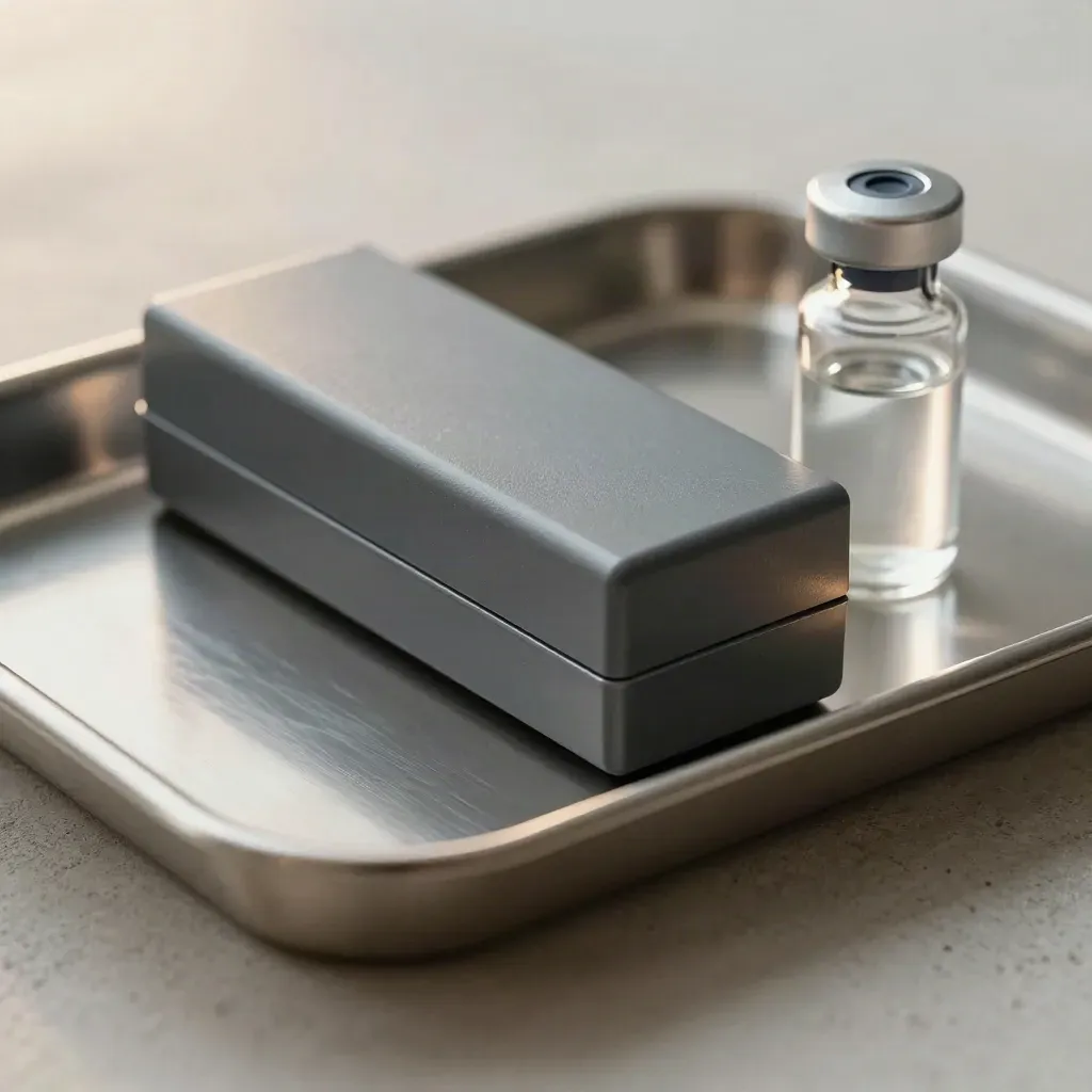 Macro still life of an imaging cassette, stainless tray, and capped vial on pale concrete.