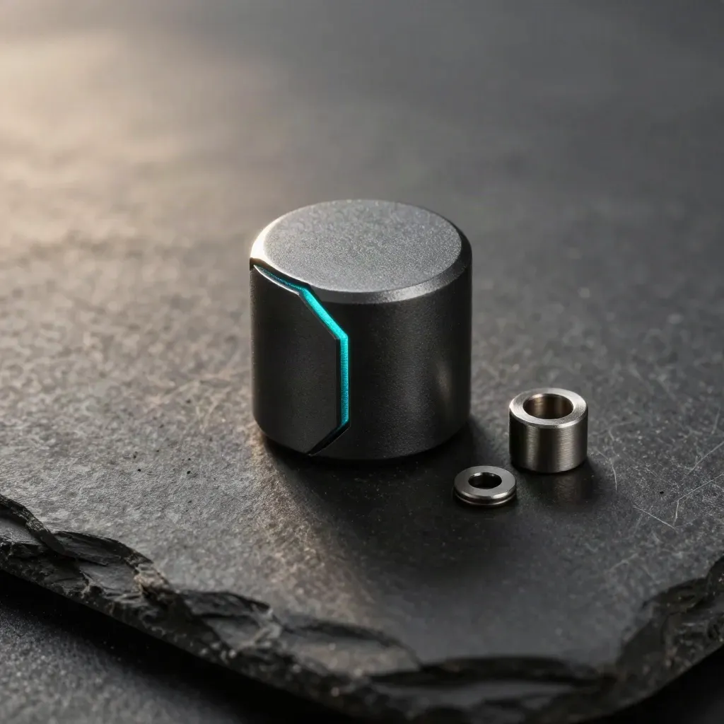 An anodized inspection puck with two tiny shims and a spacer on slate under soft studio light.