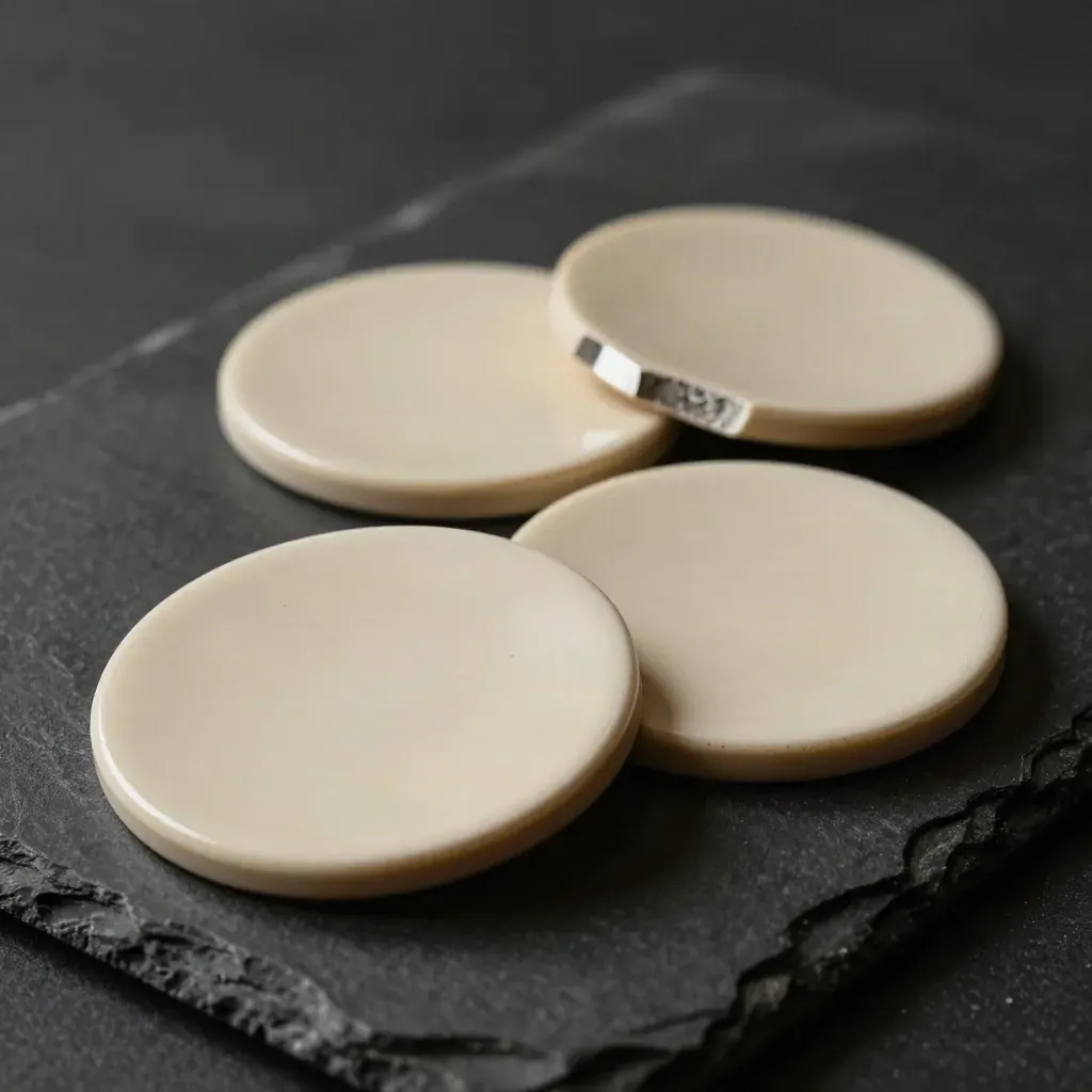 Three ceramic defect samples on dark stone, one chipped, under dramatic studio light.