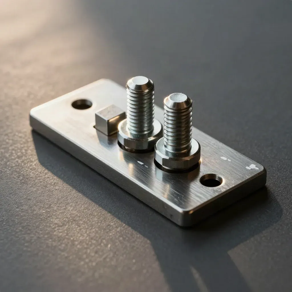 Top-down macro of a steel bracket, two fasteners and a spacer block on graphite metal.