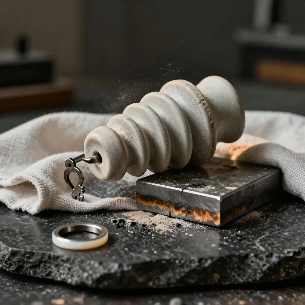 Ceramic insulator, steel sample block and white cloth on dark stone in dramatic studio light.