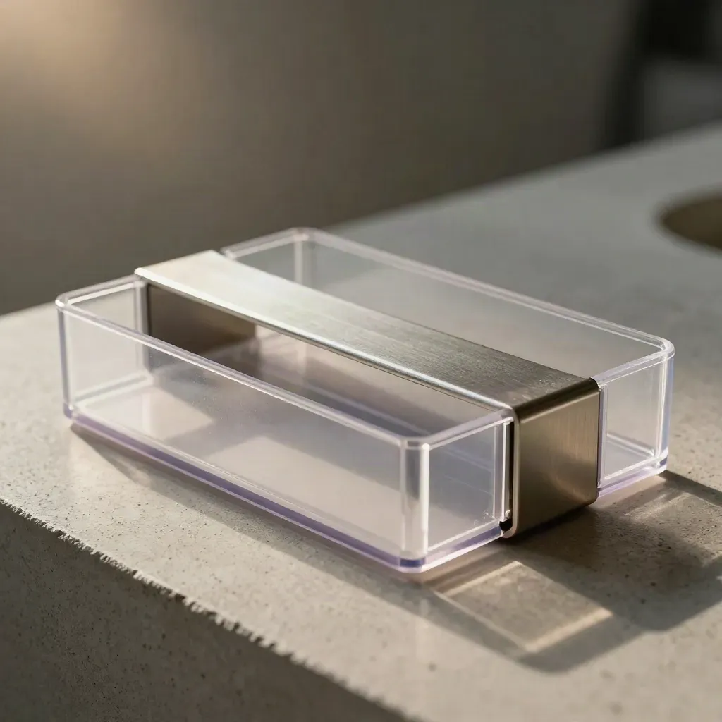 Macro parts organizer, metal divider and sealed tray on pale concrete with a violet accent.