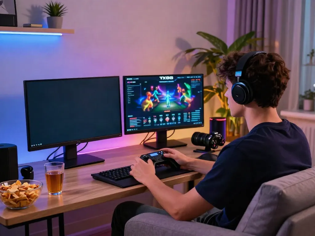 TX88 online gaming scene with a player focused on vibrant graphics in a cozy living room setting.