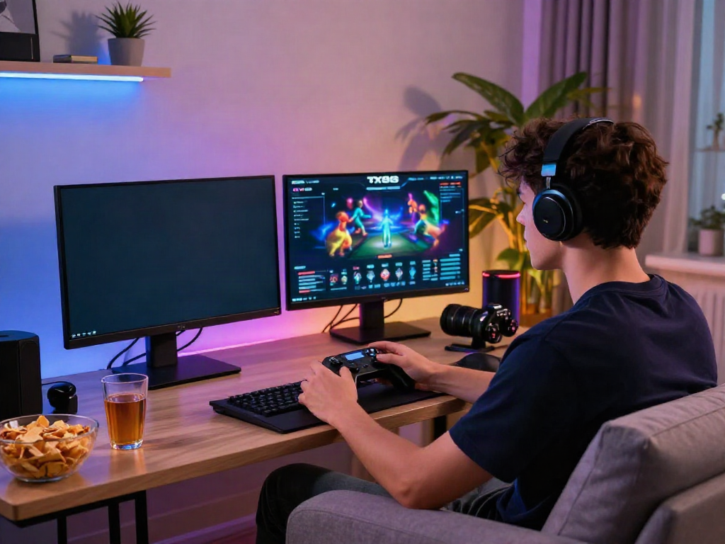 TX88 online gaming scene with a player focused on vibrant graphics in a cozy living room setting.