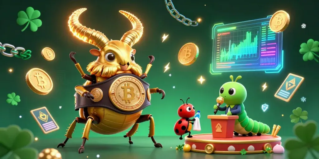Engage in thrilling fun with raja88 showcasing a giant beetle champion with blockchain elements in a lively gaming scene.