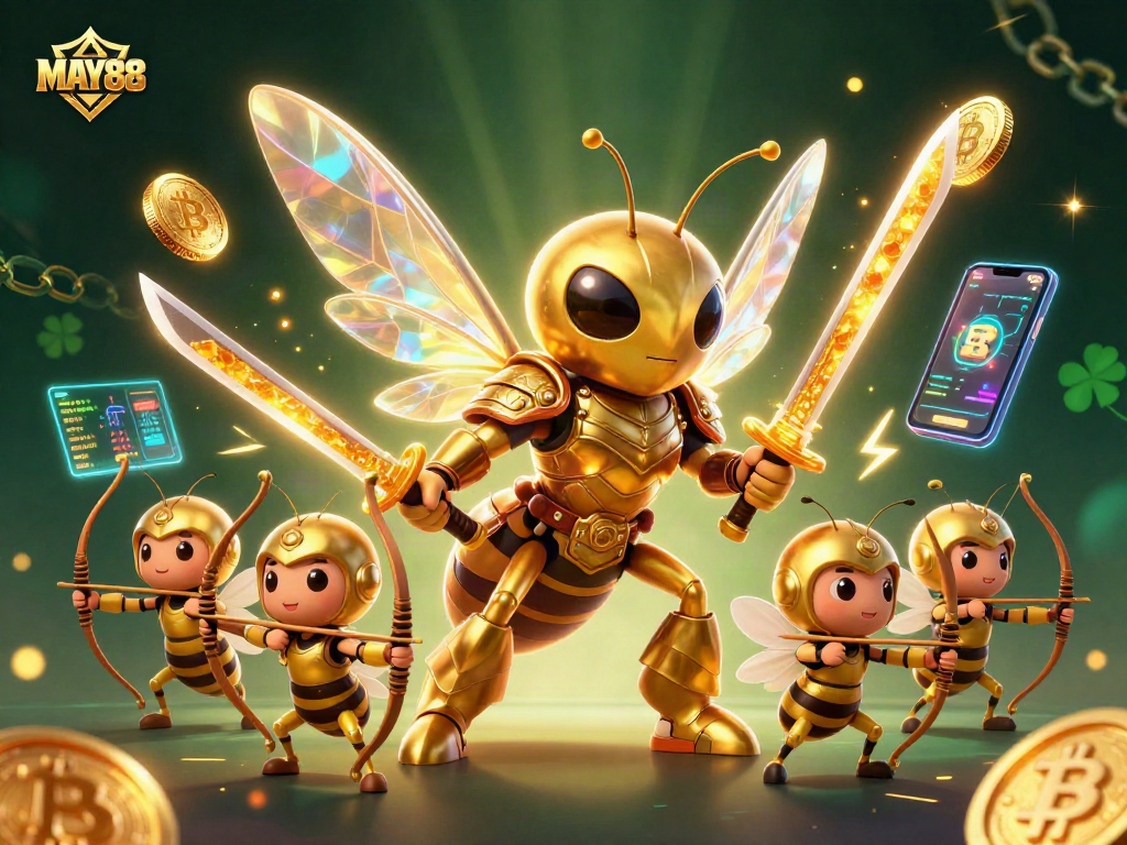 MAY88 showcases a dynamic digital casino scene with vibrant cryptocurrency elements and a samurai hornet.