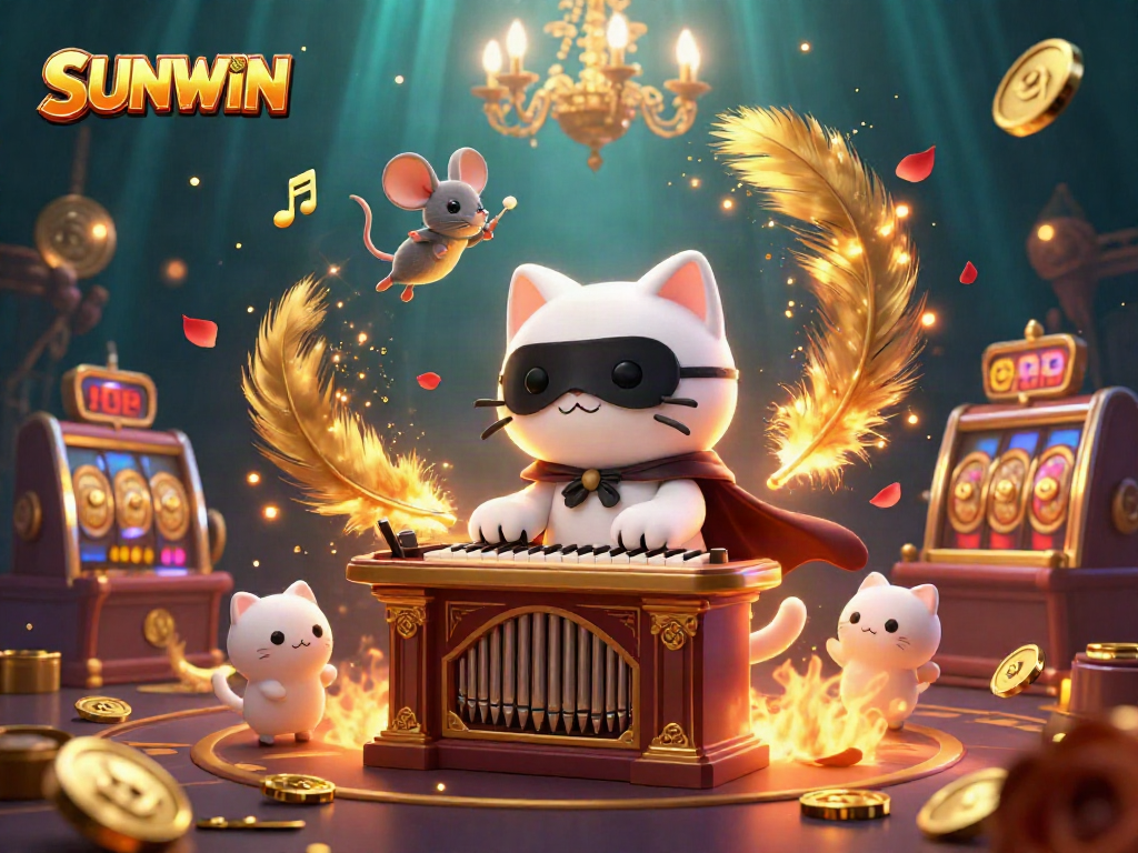 Engaging scene of SUNWIN's casino elements featuring a masked cat at the organ with golden coins.