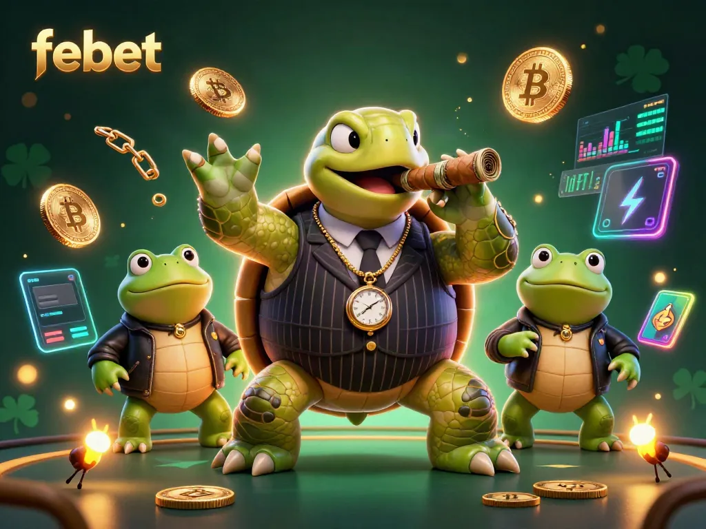 Experience exciting gaming with febet's unique turtle mobster characters in a vibrant casino scene.
