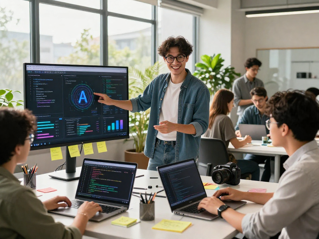 Developer demonstrating innovative spicy AI solutions in a bright office environment.