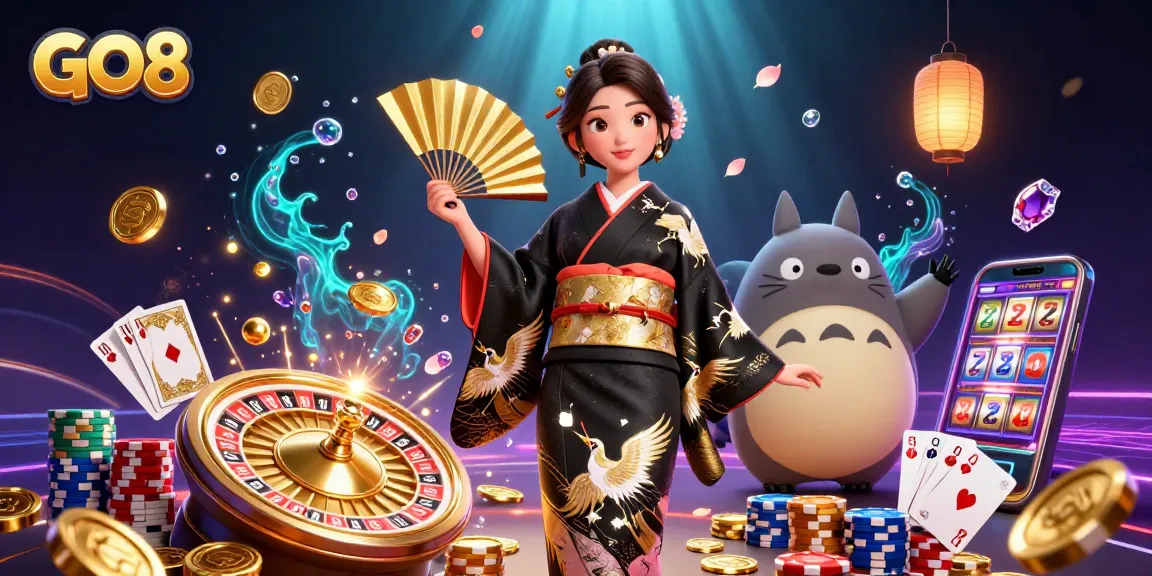 Engage with GO8's gaming charm featuring a dynamic illustration of traditional elements and vibrant casino artifacts.