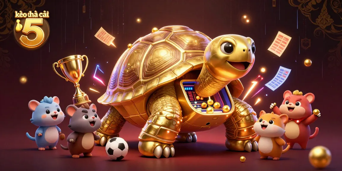 Engage in kèo nhà cái 5 sports betting with vibrant illustration showcasing a colossal tortoise and excited animals.