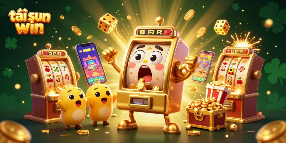 Experience the excitement of tải sun win with this vibrant 3D illustration showcasing a joyful golden slot machine hitting a jackpot.