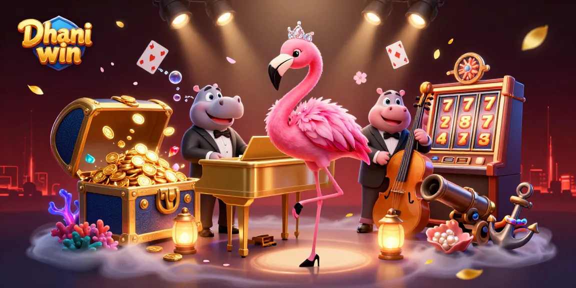 Dhani win casino scene with flamingo singer, hippo bassist and floating slot games.