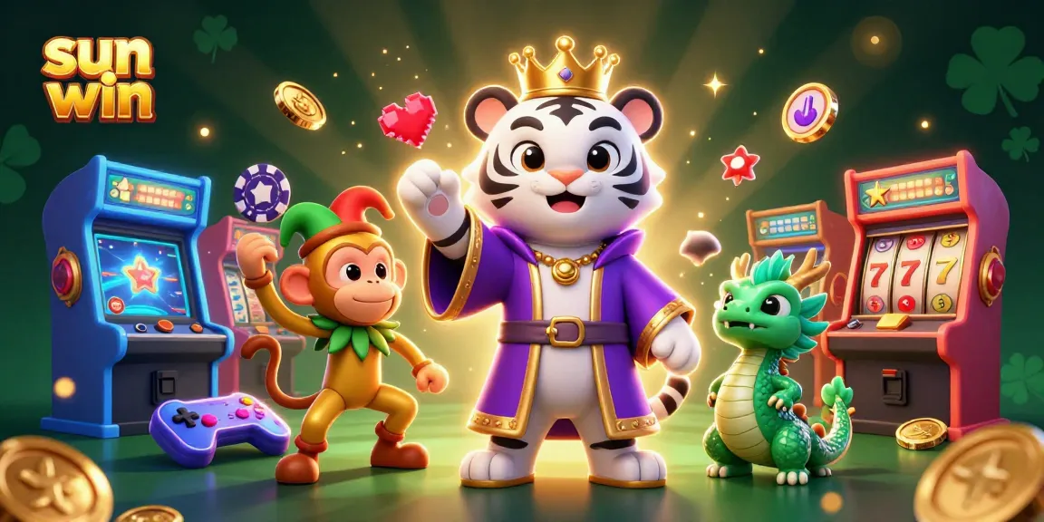 Experience the excitement of sun win in this vibrant 3D illustration depicting lively casino games and lucky characters.