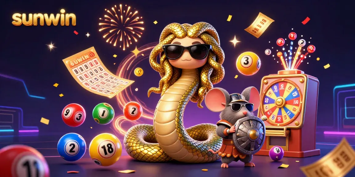 Engage with sunwin's exciting gaming scene featuring dynamic lottery elements, a friendly Medusa, and vibrant confetti.