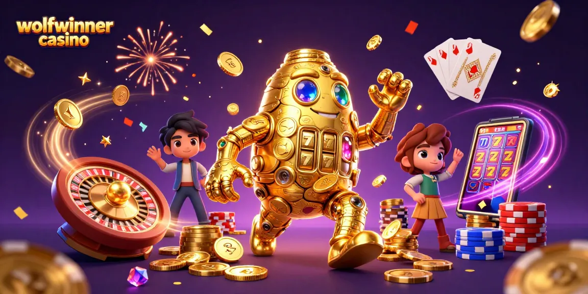 Experience the excitement at wolfwinner casino with a vivid illustration of a golden golem and casino games.