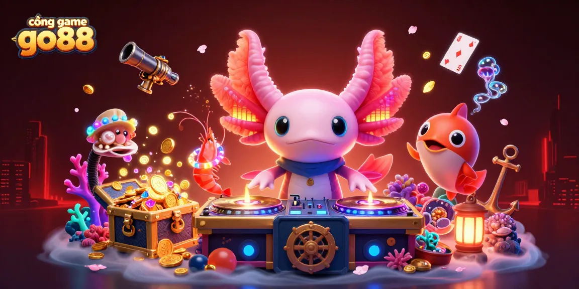 Join the fun at cổng game go88 with vibrant characters spinning records in an underwater casino scene.