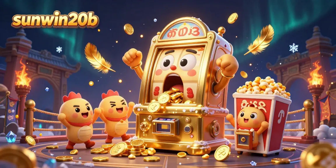 sunwin20b showcases a golden slot machine winning jackpot amid cheering machines in a vibrant casino scene.